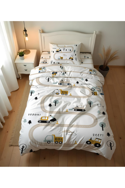 Evmila İş Makineli Ve Yol Desenli Baskılı Çocuk Ve Tek Kişilik Nevresim Takımı - Çarşafsız