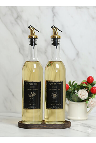 BÜYÜLÜ HOME Ahşap Stantlı Şeffaf Gold Tıpalı 2 li 750 ml Ayçiçek Yağı Zeytinyağı cam Şişe yağdanlık