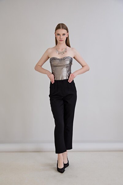 Sortie Women's Waist Ribbed Beltless Pocket Detailed Black Cigarette Pants