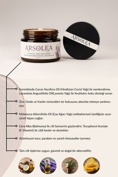 Arsolea %100 Doğal Deo Krem Alüminyumsuz Koltuk Altı Beyazlatıcı 24 Saat Ter Kokusu Önleyici Lavanta Kokulu