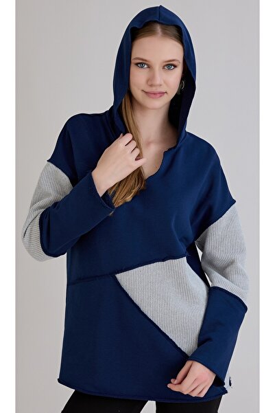 Sortie Tricotaj cu cusături pentru femei cu secțiuni Culoare Indigo K cu glug...