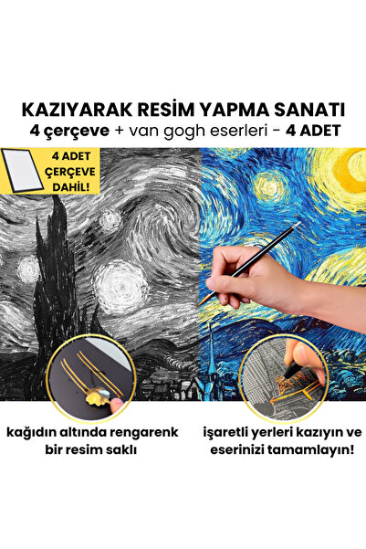 minyaturia Kazıyarak Çizim Yapma Seti | Van Gogh Eserleri - 4 Adet | Hobi Set...