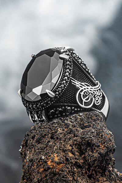 Moda Gümüş 925 Ayar Gümüş Zirkon Taşlı Osmanlı Tuğralı Erkek Yüzük