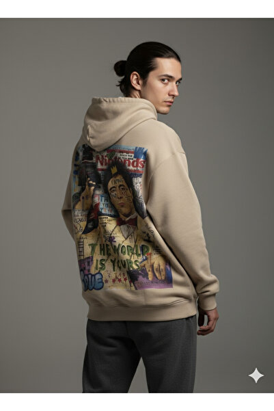 By Caspita Fashion Hanorac oversize unisex bej cu imprimeu pe spate Lenithra ...