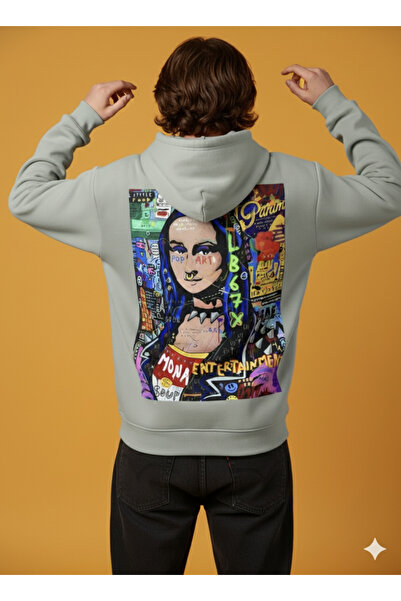 By Caspita Fashion Hanorac gri oversize unisex cu imprimeu pe spate Lenithra Mona Lisa