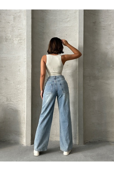 ADAMODA.RO Blugi wide leg cu abraziuni în față, în zona buzunarelor