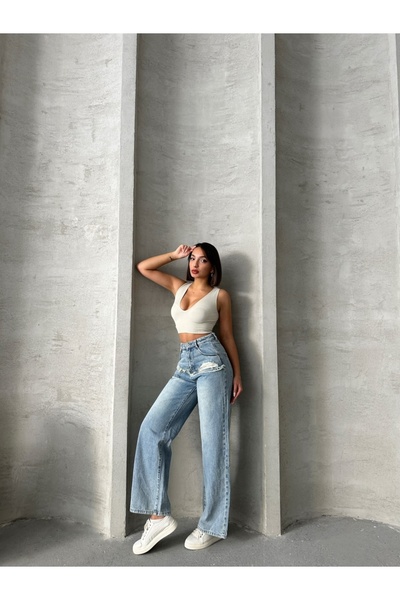 ADAMODA.RO Blugi wide leg cu abraziuni în față, în zona buzunarelor