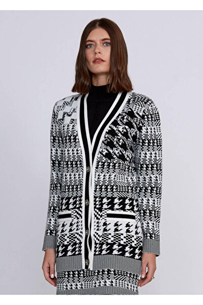 Knitss Geometrik Kaz Ayağı Desenli Siyah Beyaz Triko Hırka