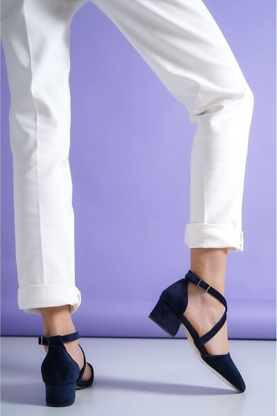 Hayalimdeki Ayakkabı Pantofi de damă cu toc din catifea bleumarin Letha