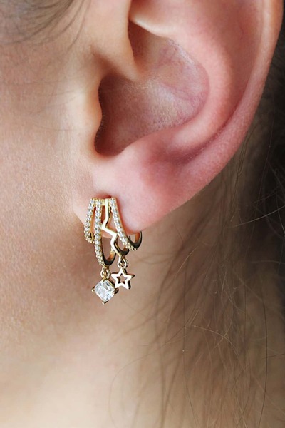 Nenya Vip Steel 4-Piece Look Zircon Stone Star Model Earrings