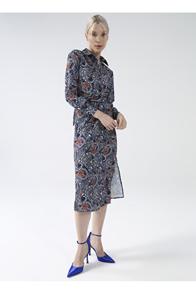 Fabrika Gömlek Yaka Desenli Saks Midi Kadın Elbise YMN-5