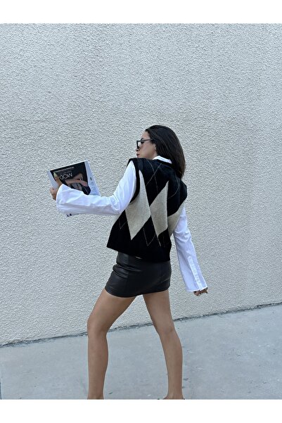 minaaise Women's black baklava pattern soft textured knit sweater 5244