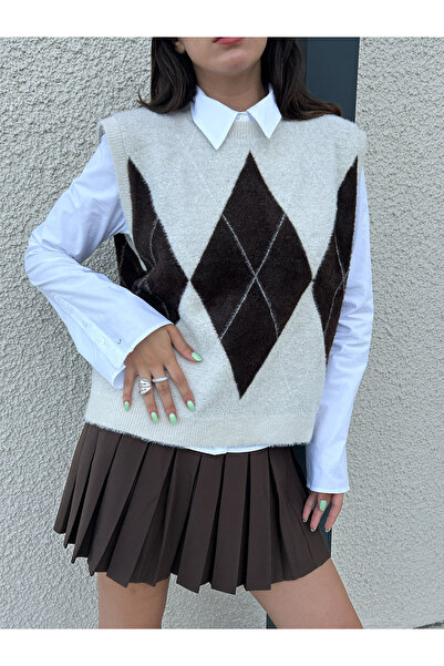 minaaise Women's Knitwear Ecru Baklava Pattern Soft Textured Sweater 5244