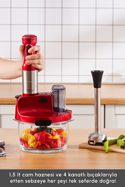 Karaca Mastermaid Prosteel Cam Mutfak Robotu Uzun Blender Ayaklı 6 Bıçaklı 2500 W Imperial Red