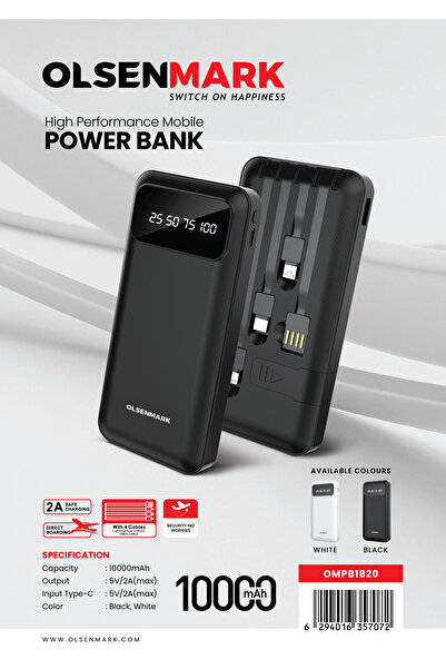 Olsenmark 10000 Mah High Performance Digital Power Bank Ompb1820 Fast And Safe Charging, Lightning