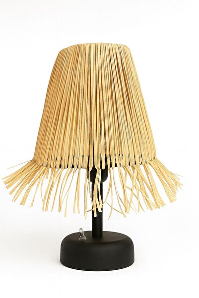 Home Bohem Handmade Saçaklı Rafya Abajur – LED Işıklı Kablosuz Pilli Mat Siya...