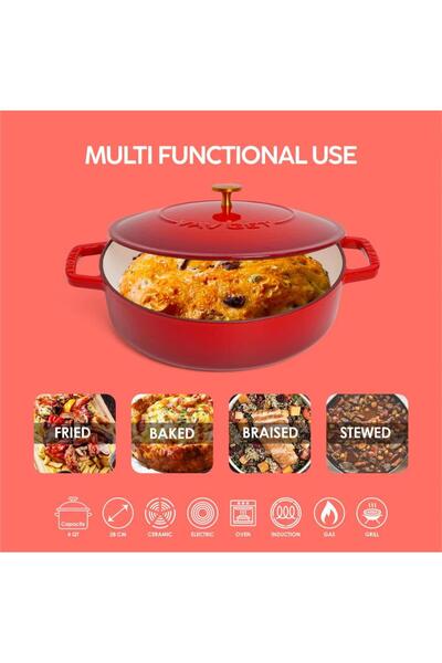 VAV GET Enameled Cast Iron Dutch Oven Braiser. 28cm, 3.79L, Cherry Red