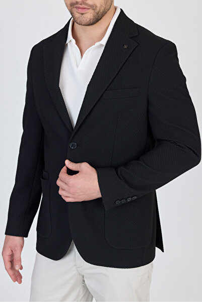 Frappoli Sandeo Erkek Siyah Astarsız Soft Diagonel Desenli Esneyen Kumaş Likralı Spor Blazer Ceket
