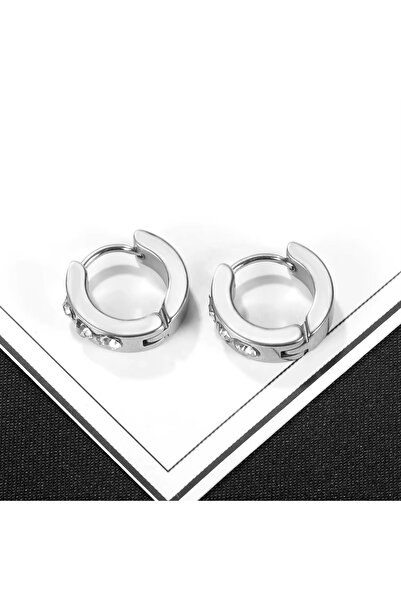 Siya Silver Kararmaz Çelik Sıralı Zirkon Taşlı Minimal Halka Küpe-14 mm