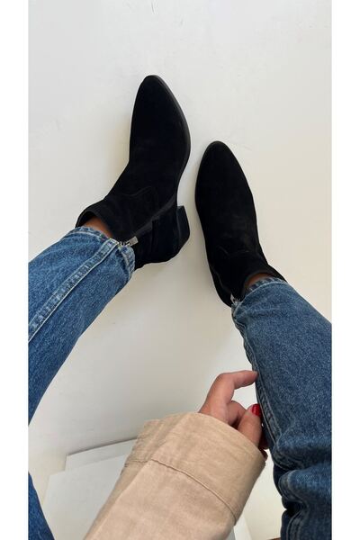 Saracshoes Gerçek Deri Süet Kadın Bot Siyah Welini