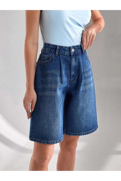 1434 Polo State Kadın Yüksek Bel Bermuda Denim Şort Mavi