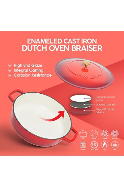 VAV GET Enameled Cast Iron Dutch Oven Braiser. 28cm, 3.79L, Cherry Red