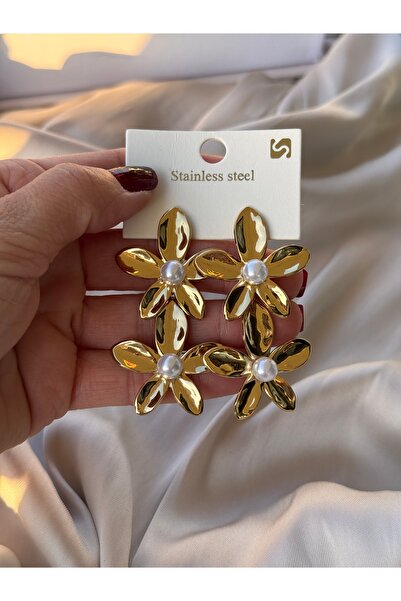 HERCY 316 L Paslanmaz Çelik Büyük Boy Çiçek Küpe | Gold Abiye Küpe