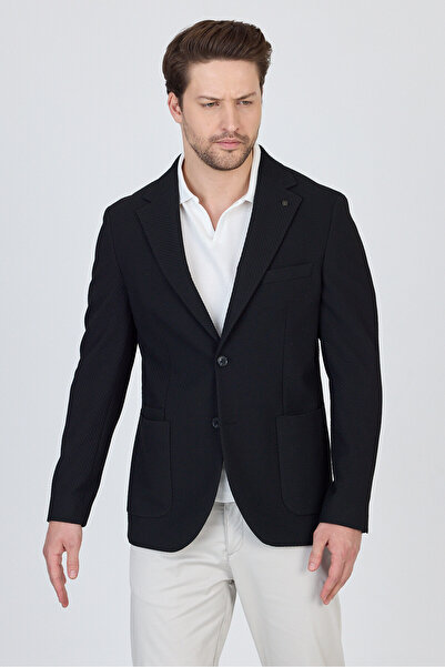 Frappoli Sandeo Erkek Siyah Astarsız Soft Diagonel Desenli Esneyen Kumaş Likralı Spor Blazer Ceket