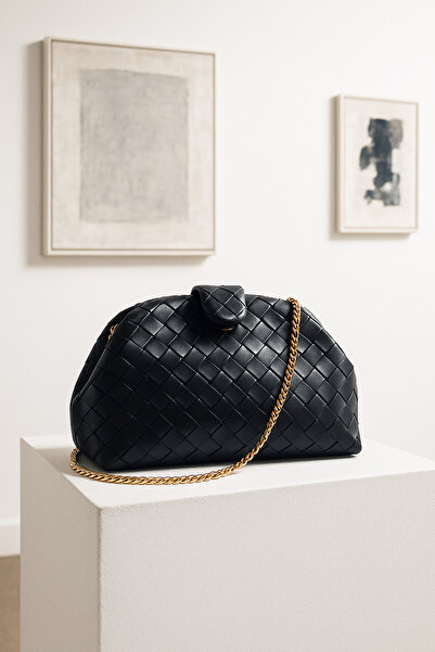 Berlesi Siyah Örgü Derili Zincirli Portföy ve Omuz Çantası