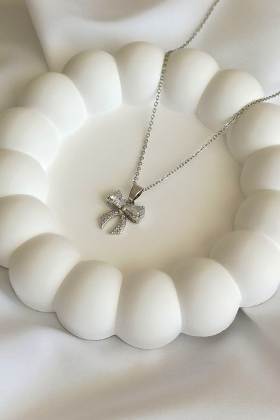 Tilde Steel, Bow Necklace, Women's Jewelry, Zircon Stone, Silver-Gold Color, Romantic, Gift, Special Day