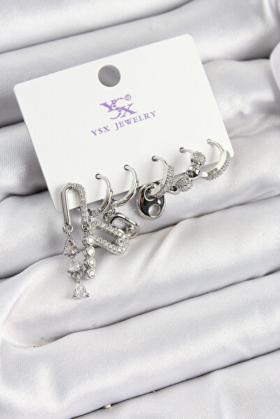 Skygo Brass Zircon Stone Rectangular Model Silver Color 3-Piece Double Women's Earrings - Tj-Bkp10954