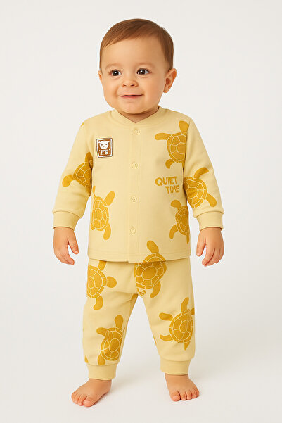 Uğur bebe Sarı %100 Pamuk Organik Bebek Pijama Takımı Kaplumbağa Desenli Önden Çıtçıtlı Bebek takımı 0-24Ay