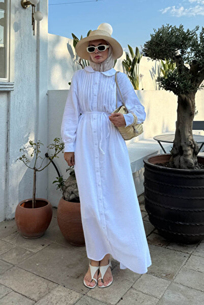 ZÜLAYS Bebe Yaka Nervürlü Müslin Elbise Beyaz