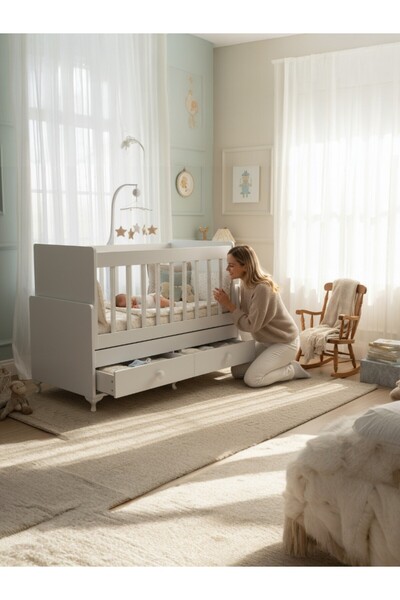 bebecoda Anne Yanı Sallanır Bebek Beşiği, Sarı Uyku Setli, Yataklı, Çekmeceli...