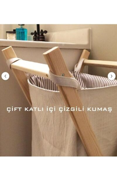 Aşkın Parti Evi Ahşap Kirli Çamaşır Sepeti 2 Katlı Çizgili Katlanır Çamaşır S...