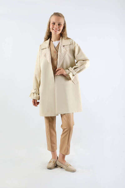 ZÜLAYS Yakası Desenli Midi Trençkot Ekru