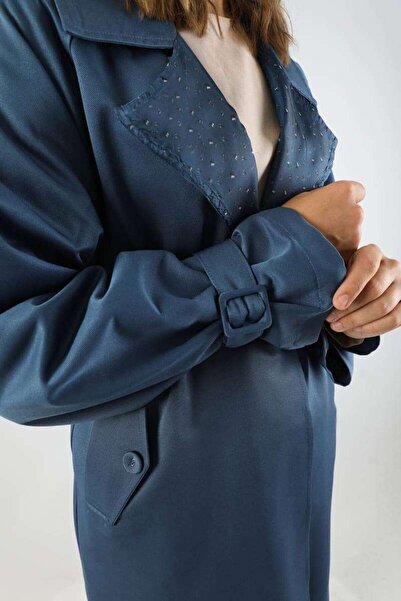 ZÜLAYS Yakası Desenli Midi Trençkot İndigo