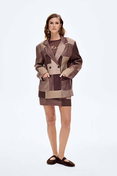 Quzu Patchwork Kruvaze Oversize Blazer Ceket Kahverengi