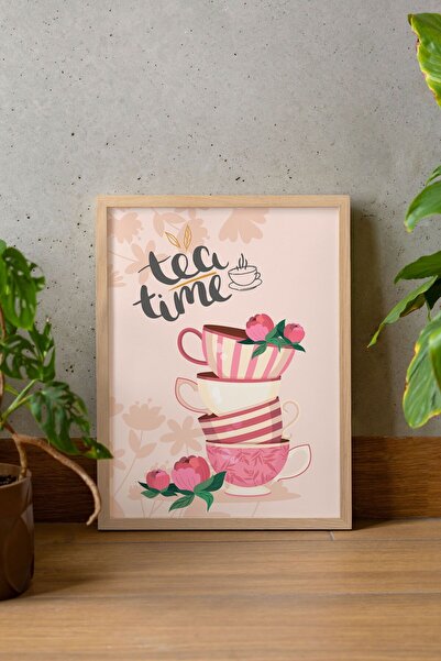 Evinemoda Tea Time Çay Zamanı Tek Parça Gerçek Ahşap Çerçeveli Tablo