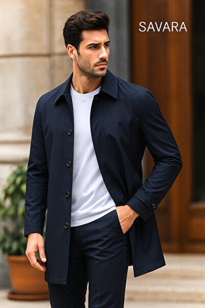 SAVARA Erkek Lacivert Regular Fit Trençkot Su Iticili Orta Boy(90CM)
