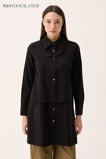 ZÜLAYS Çift Yaka Keten Gömlek Siyah