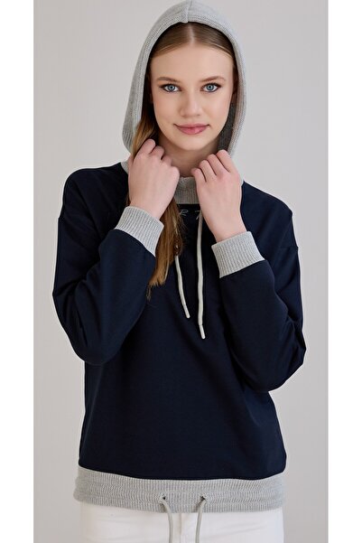 Sortie Tricotaj cu șnur pentru femei cu glugă Hanorac de culoare indigo