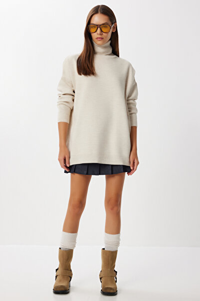 Lovelyİstanbul Pulover de tricotaj oversize cu gât roscat Bej Lbv0011
