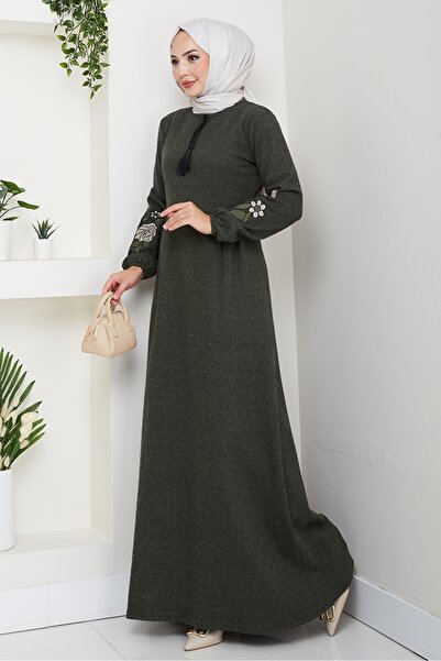 Bestenur Χακί Χιτζάμπ Φόρεμα - 755, Κεντημένα μανίκια