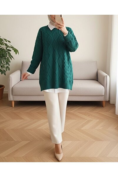 Modamorfo Petek Desen Zimní Ležérní Pletený Svetr - Smaragdový