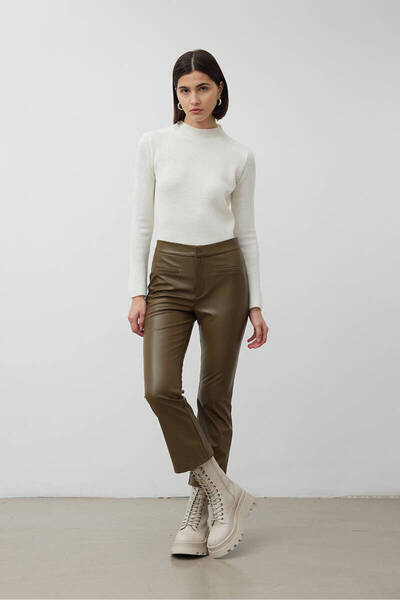 BE BLUE Green Flare Leather Trousers