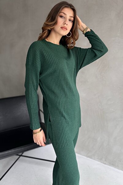 EYYE Smaragdovo zelená bavlnená rebrovaná dámska blúzka a nohavice, dvojdielny komplet