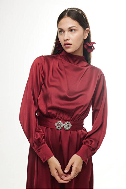 BE BLUE CLARET RED STONE SATIN DRESS