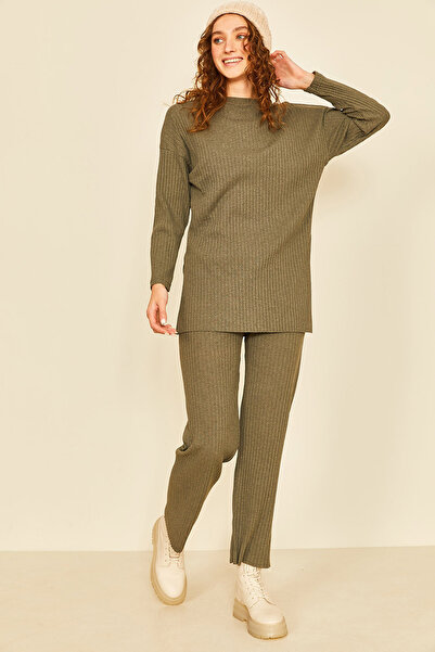 EYYE Khaki Cotton Ribbed Women's Blouse Pants Two-Piece Set