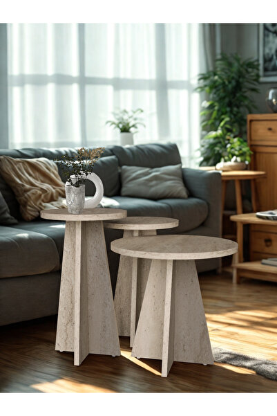 dorpek Podel Yuvarlak Iskandinav Mantar Sehpa 3'lü Zigon Sehpa Traverten